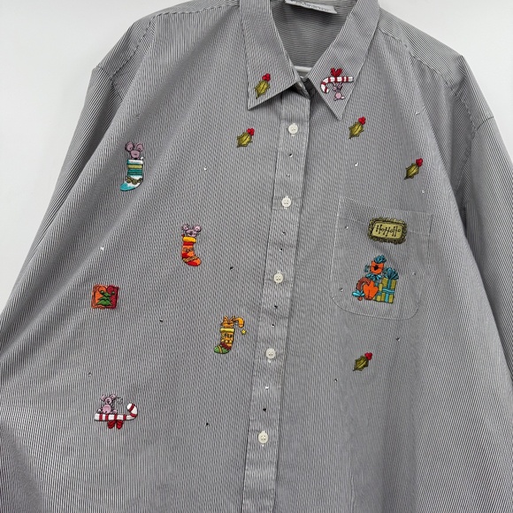 Mili Designs Top Women 2X White Blue Striped Christmas Sequin Long Sleeve Button - Picture 4 of 11